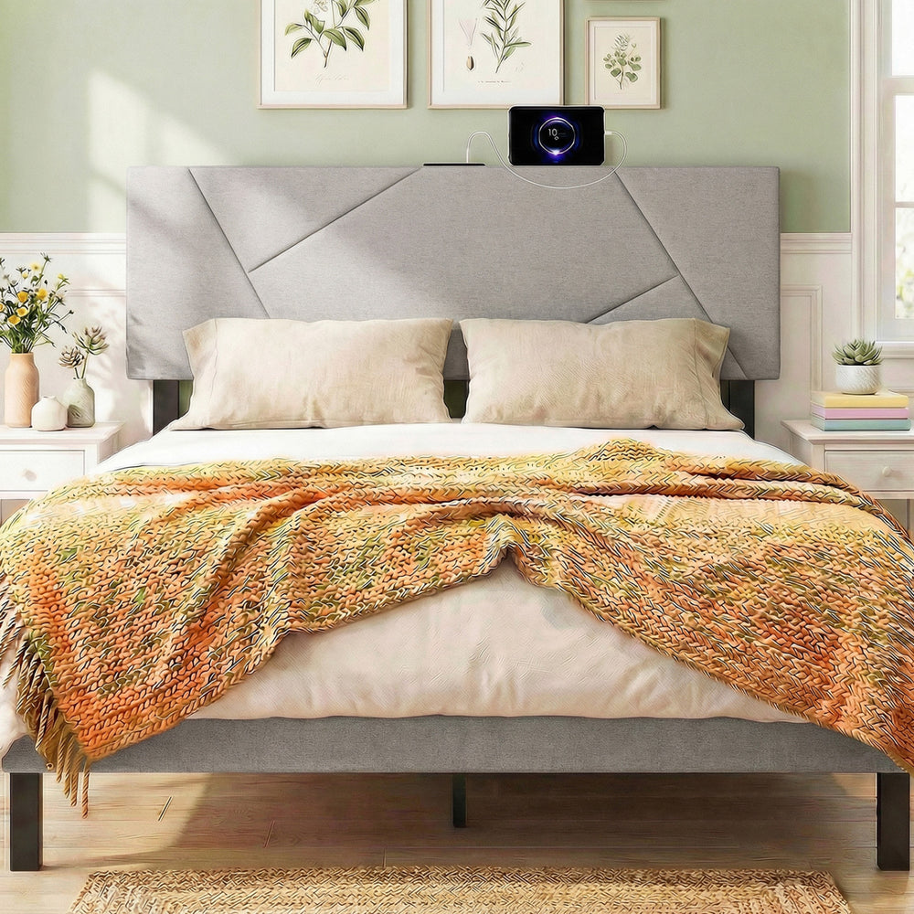 Geometric gray upholstered headboard for full and queen size beds, featuring USB and Type-C charging ports.