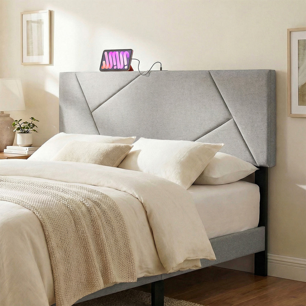 Gray geometric upholstered headboard with soft sponge filling, suitable for full and queen size beds, offering.