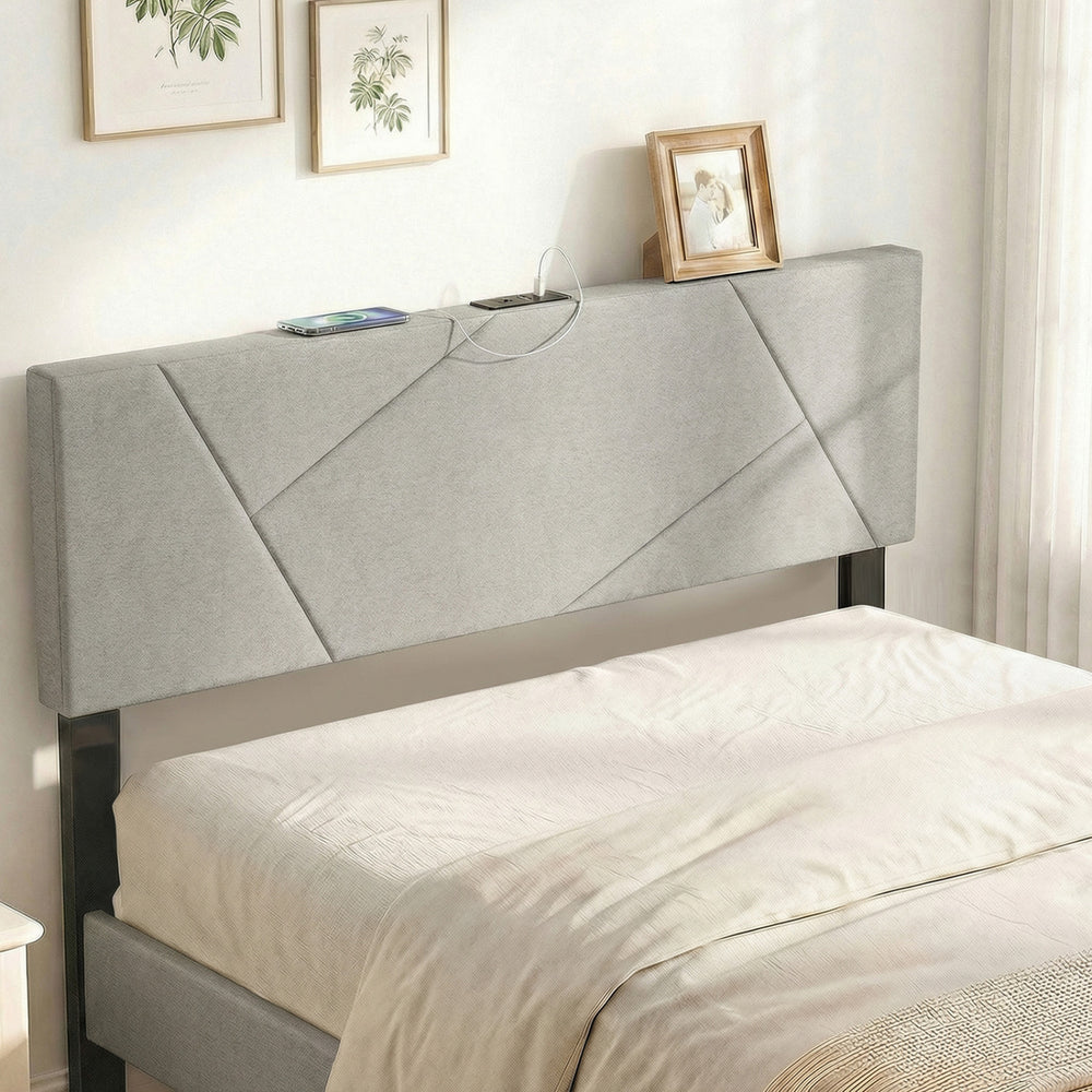 Gray geometric upholstered headboard with soft polyester fabric and sturdy rubber wood legs, perfect for full and queen.