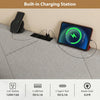 Geometric gray upholstered headboard with built-in charging station, featuring AC outlets and USB ports for convenience.