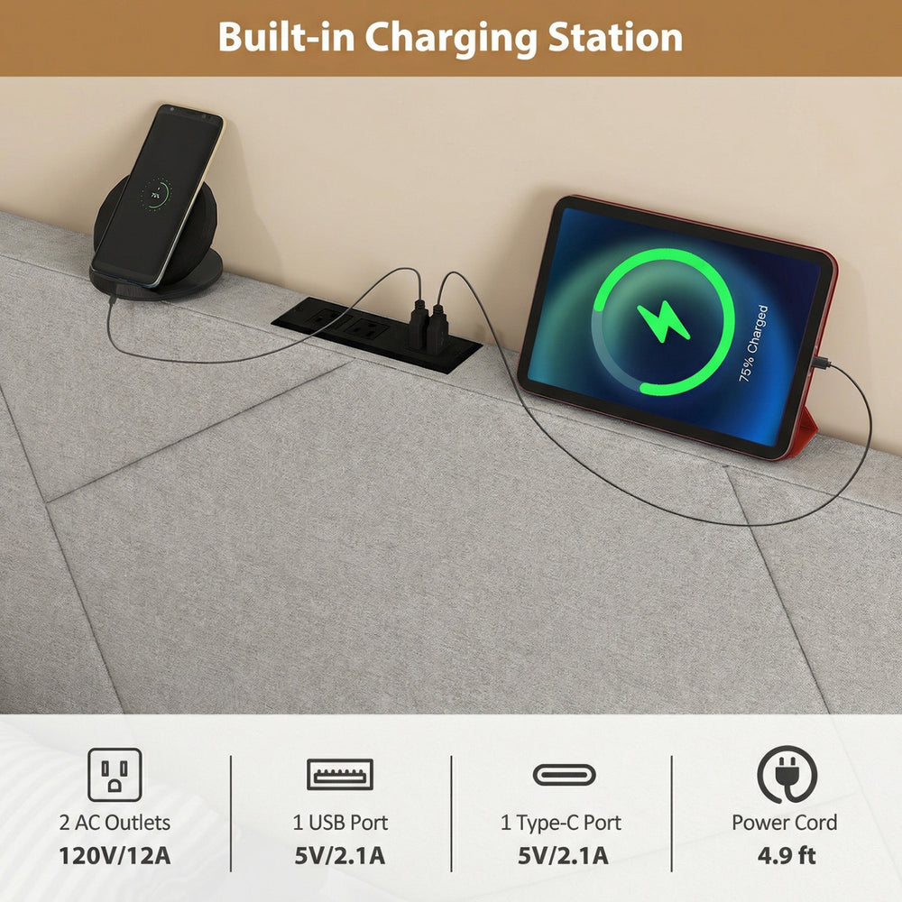 Geometric gray upholstered headboard with built-in charging station, featuring AC outlets and USB ports for convenience.