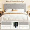 Geometric gray upholstered headboard with adjustable width for full and queen size beds, featuring USB and type-C ports.