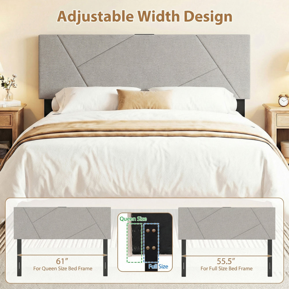 Geometric gray upholstered headboard with adjustable width for full and queen size beds, featuring USB and type-C ports.