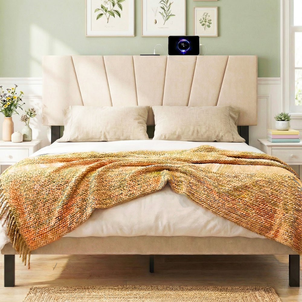 Headboard for Queen and Full Size Bed Geometric Upholstered Head Board-Beige - Gallery View 1 of 11