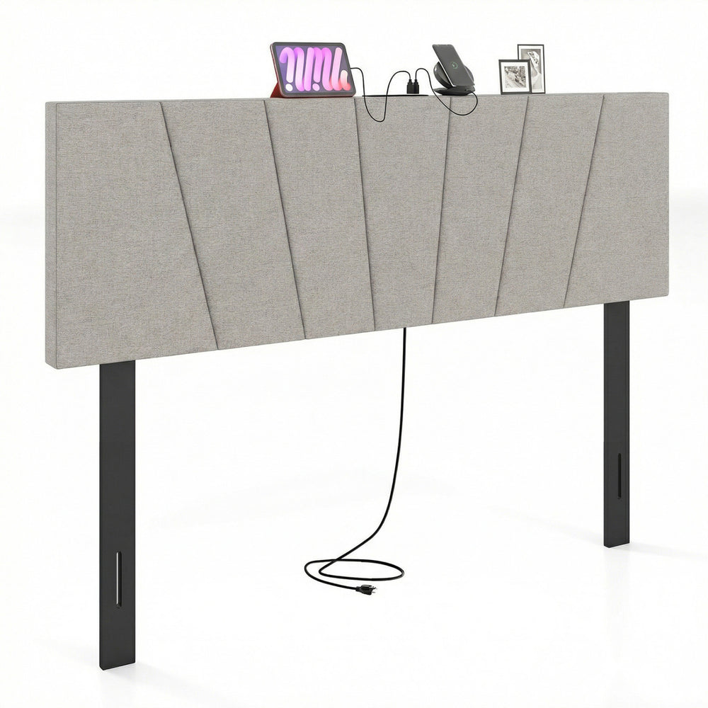 Geometric upholstered headboard in gray with charging ports, designed for queen and full size beds, featuring rubber.