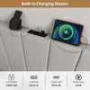 Geometric upholstered headboard in gray with built-in charging station, featuring AC outlets, USB, and Type-C ports.