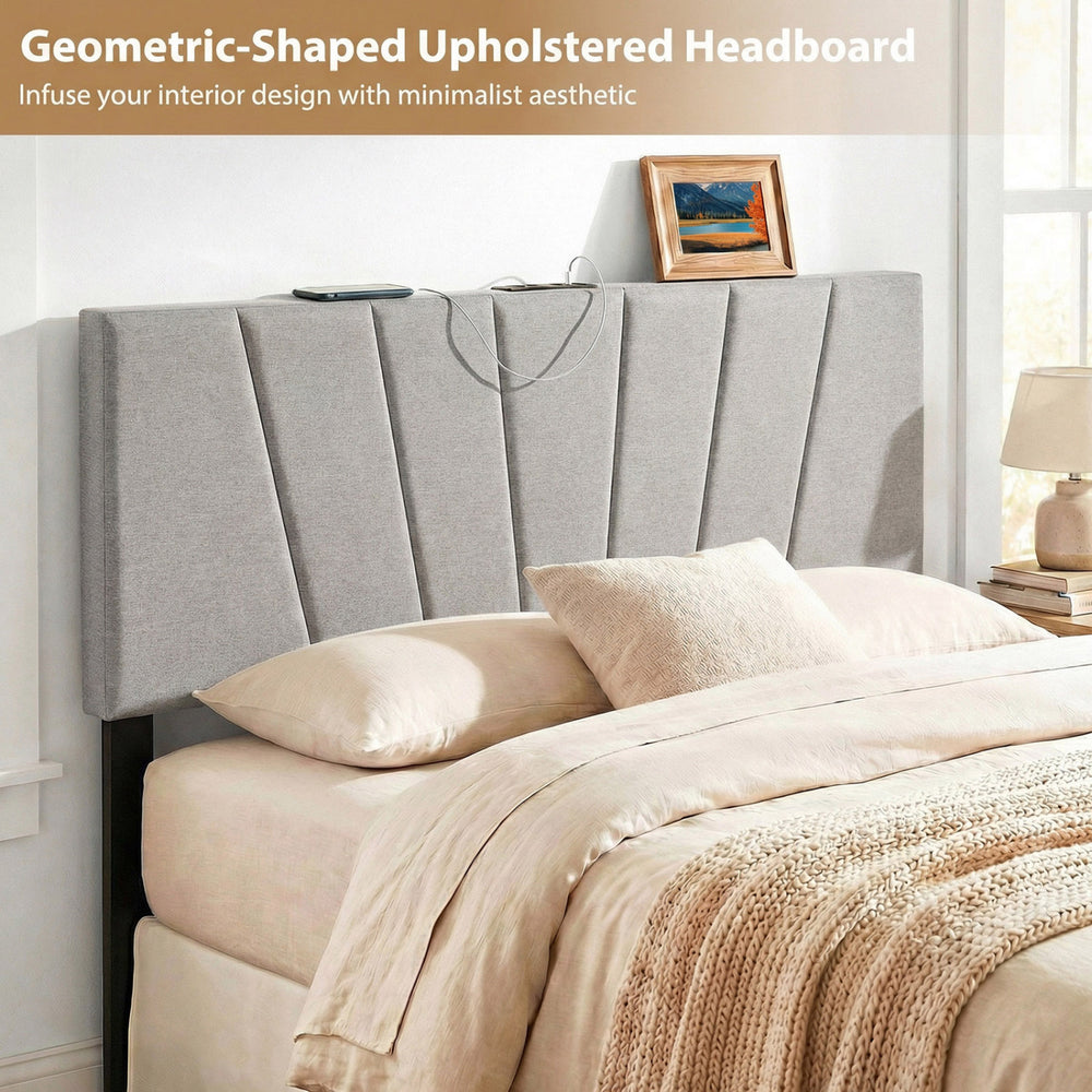 Geometric upholstered headboard in gray with USB and AC outlets, designed for queen and full size beds, offering.
