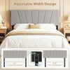 Geometric gray upholstered headboard for queen and full size beds, featuring adjustable width and convenient charging.