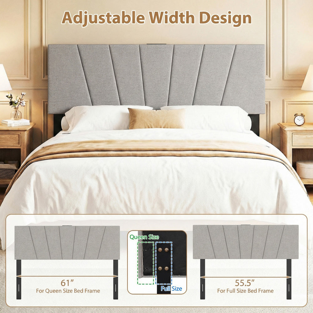 Geometric gray upholstered headboard for queen and full size beds, featuring adjustable width and convenient charging.