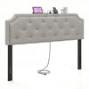 Tufted gray upholstered headboard for queen and full size beds with charging ports, featuring rubber wood legs.