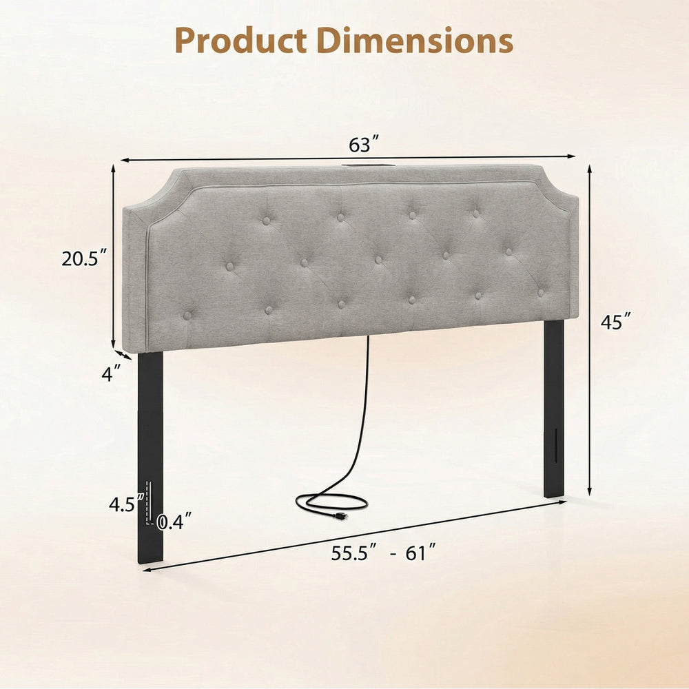 Tufted gray headboard for queen and full size beds, featuring rubber wood legs and built-in charging ports.