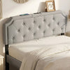 Tufted gray upholstered headboard for queen and full size beds, featuring charging ports and rubber wood legs.