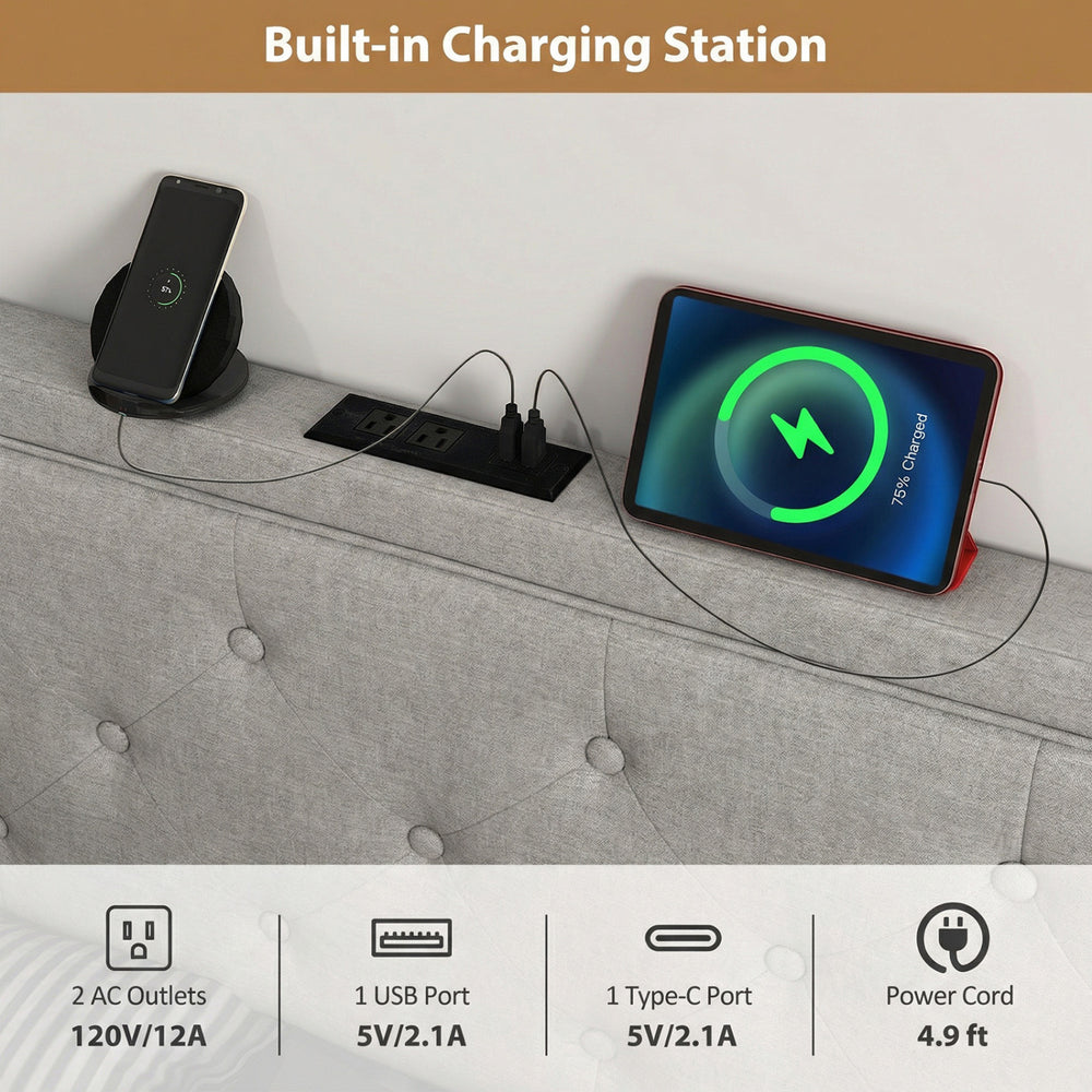 Tufted gray upholstered headboard with built-in charging station, featuring AC outlets and USB ports for convenience.