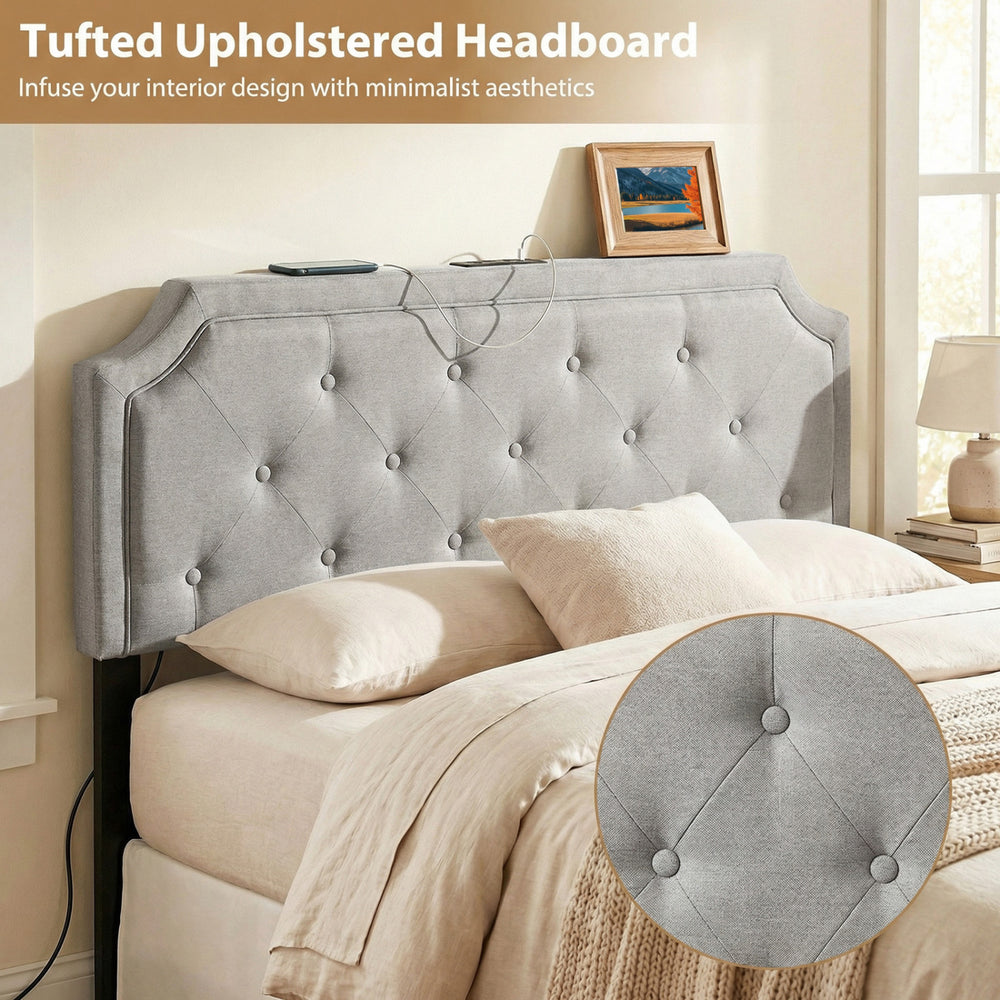 Tufted upholstered headboard in gray for queen and full size beds, featuring USB and Type-C ports for convenient.