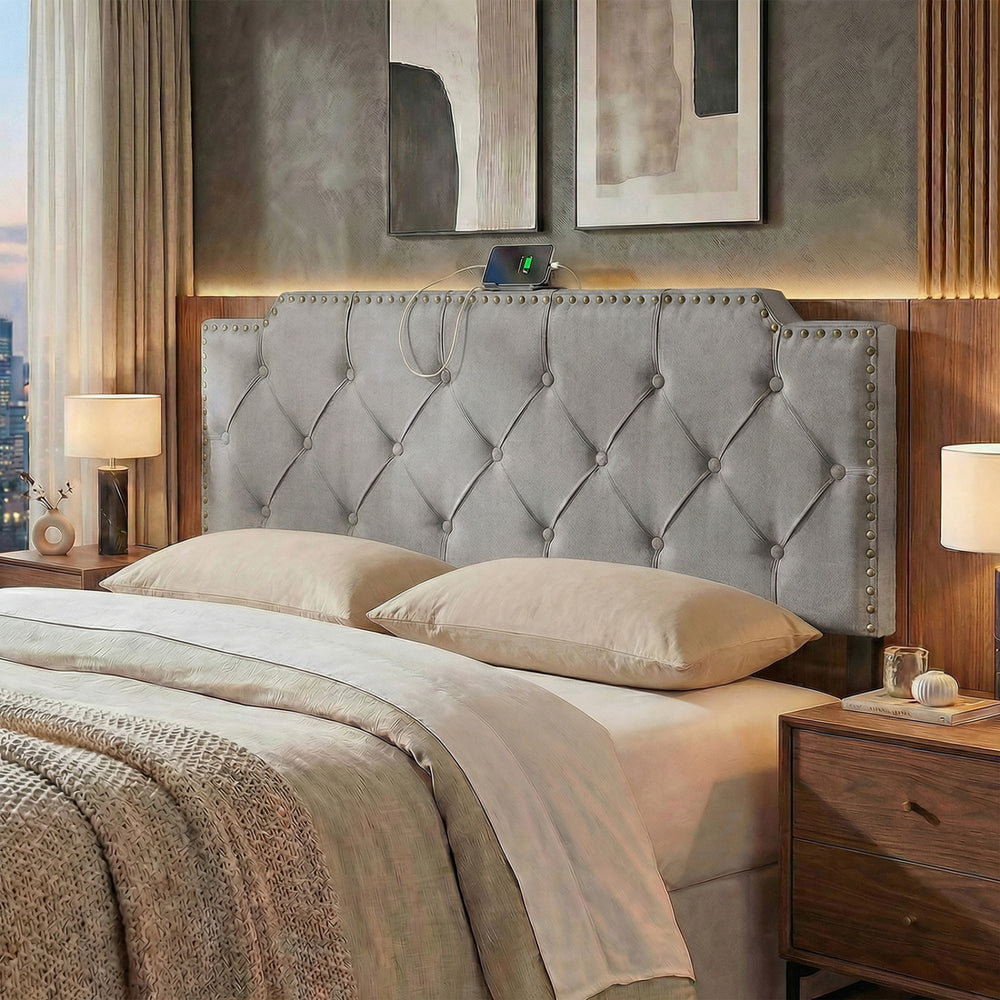 Rivet tufted gray upholstered headboard for queen and full size beds with USB and Type-C charging ports.