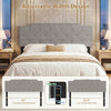 Gray tufted headboard for queen and full size beds, featuring adjustable width and convenient USB charging ports.