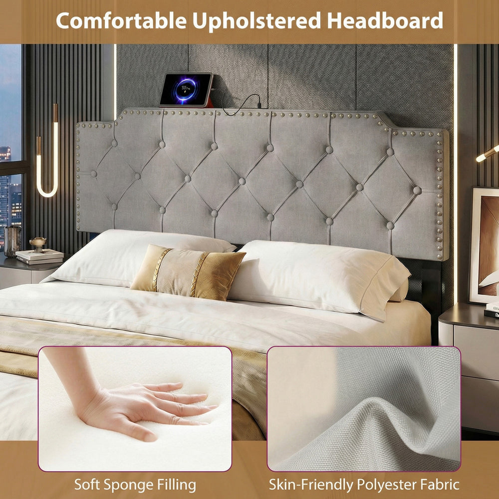 Gray tufted upholstered headboard with rivet detailing, soft sponge filling, and USB ports for queen and full size beds.