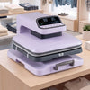 Top view of the purple heat press machine showcasing its 15 x 15 inch plate and smart control panel for T-shirt.