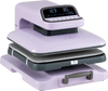 Heat press machine in purple with 15 x 15 inch plate, featuring auto release and adjustable temperature for T-shirt.