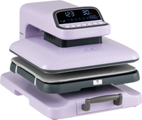 Heat press machine in purple with 15 x 15 inch plate, featuring auto release and adjustable temperature for T-shirt.