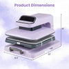 Heat press machine dimensions showing 15 x 15 inch plate, purple design, suitable for T-shirt transfers and various.