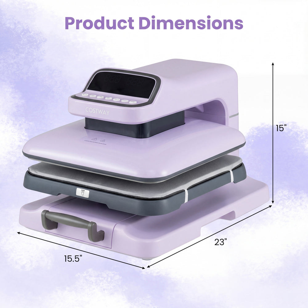 Heat press machine dimensions showing 15 x 15 inch plate, purple design, suitable for T-shirt transfers and various.