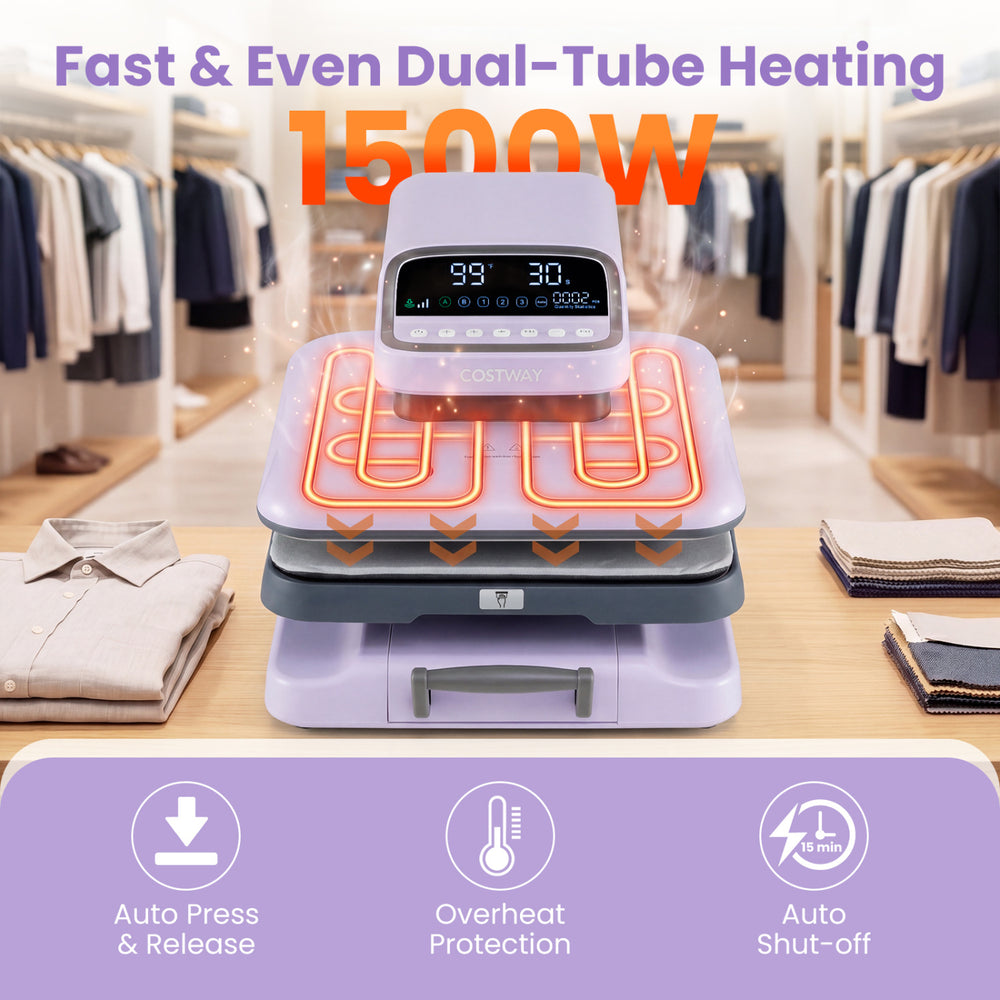 Heat press machine in purple with 15x15 inch plate, 1500W dual-tube heating, and auto shutoff for safe t-shirt.