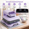 Heat press machine in purple with smart control panel, 15x15 inch plate, and adjustable temperature for T-shirt.