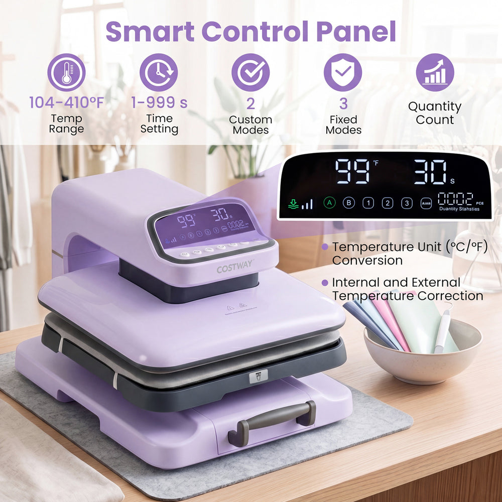 Heat press machine in purple with smart control panel, 15x15 inch plate, and adjustable temperature for T-shirt.