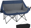 Heated double camping chair in navy with 4 heating zones, wine glass holders, and a sturdy frame for outdoor comfort.