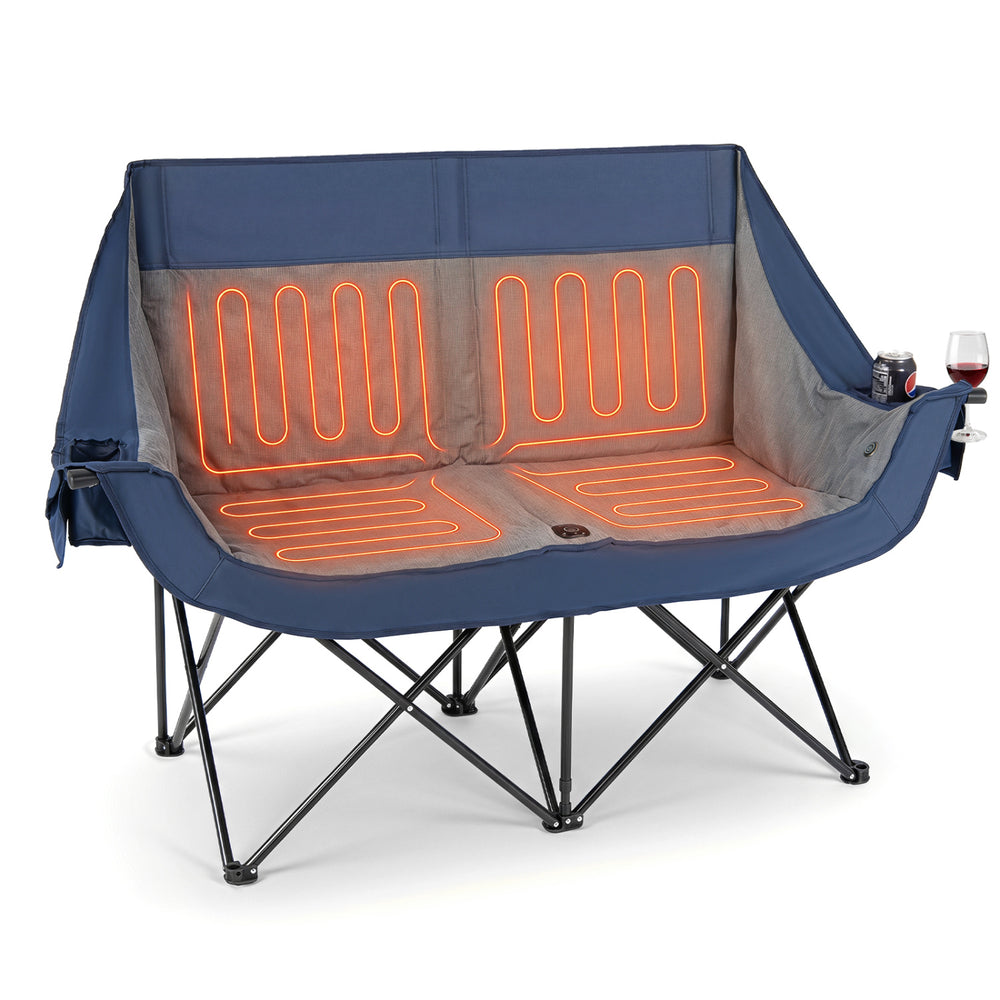 Heated double camping chair in navy with 4 heating zones, wine glass holders, and sturdy metal frame for outdoor comfort.