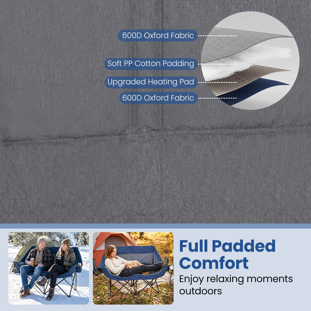 Heated double camping chair with 4 heating zones, 600D Oxford fabric, and wine glass holders for outdoor comfort.
