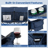 The navy heated double camping chair features wine glass holders, storage bags, and multiple pockets for convenience.