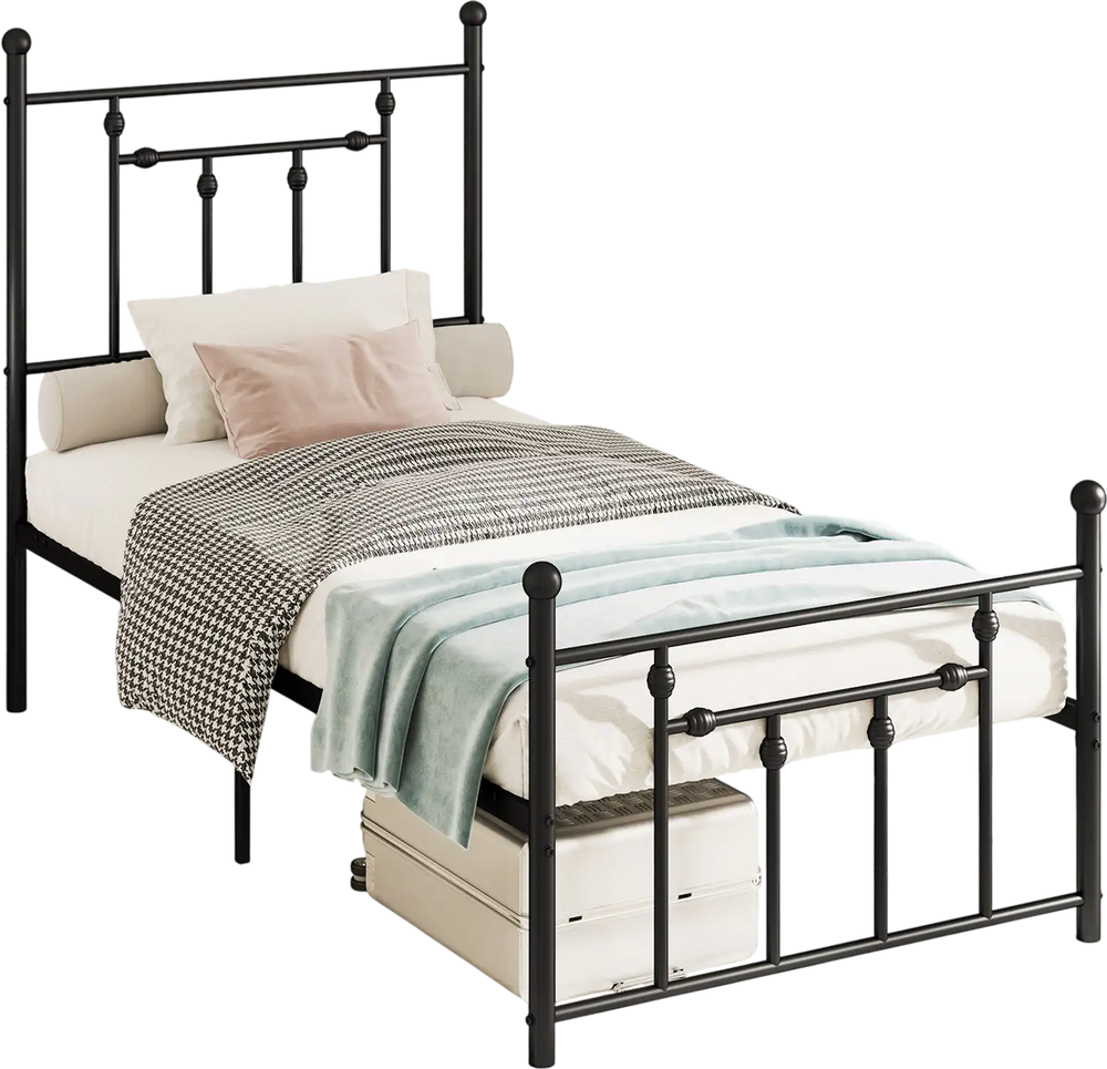 Twin size heavy-duty metal bed frame with headboard, featuring a stylish design and under-bed storage space.