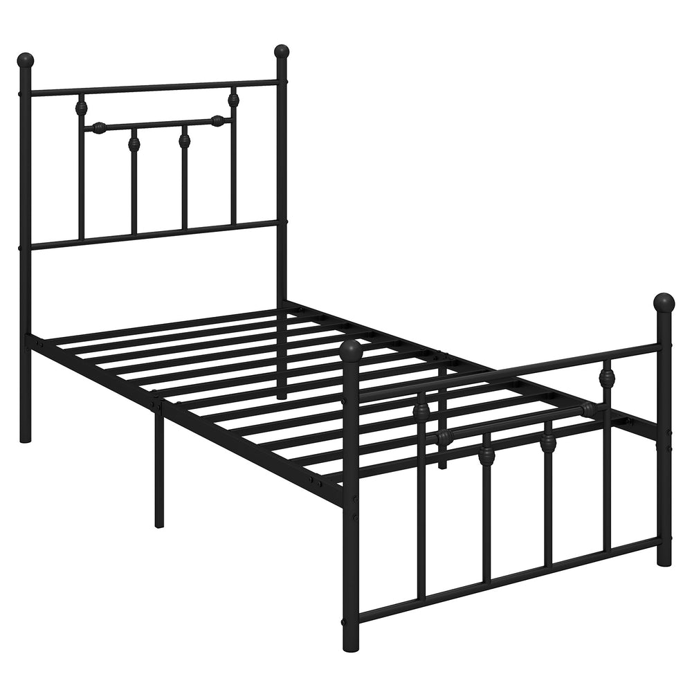 Twin size heavy-duty metal bed frame with headboard, featuring 12 slats and extra legs for stability and elegant design.
