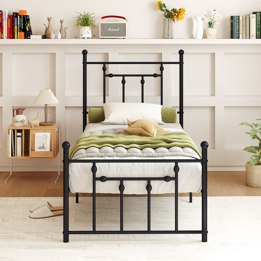 Twin size heavy-duty metal bed frame with headboard, showcasing a minimalist design and sturdy construction for lasting.