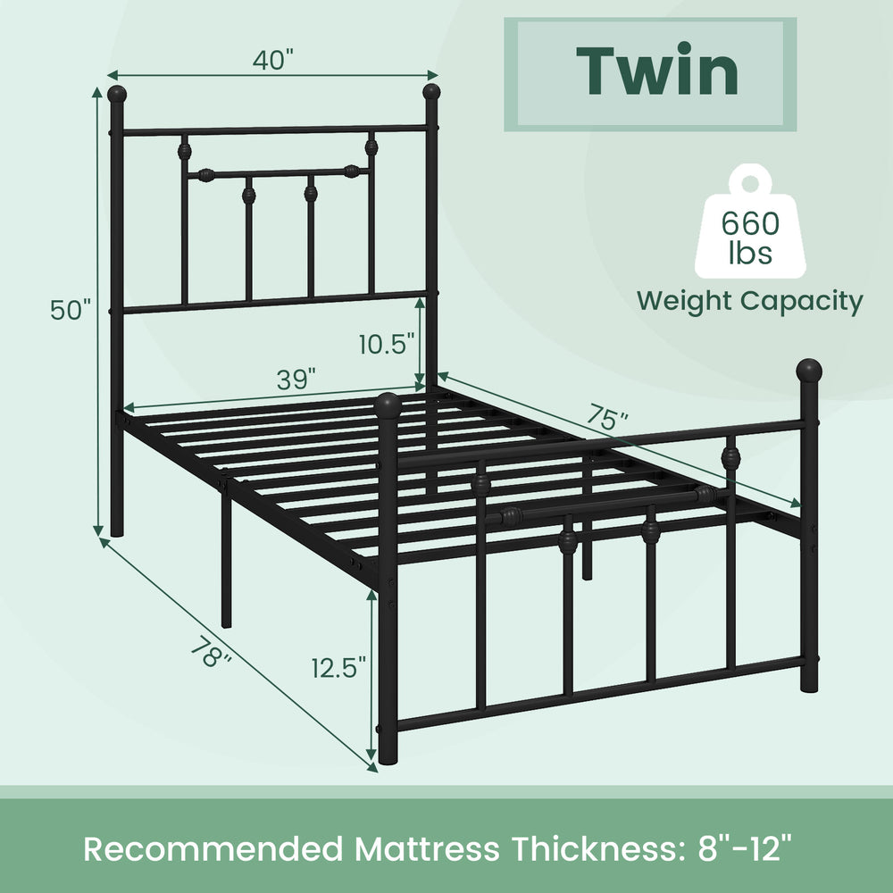 Twin size heavy-duty metal bed frame with headboard, featuring 12 slats and 660 lbs weight capacity for stable support.