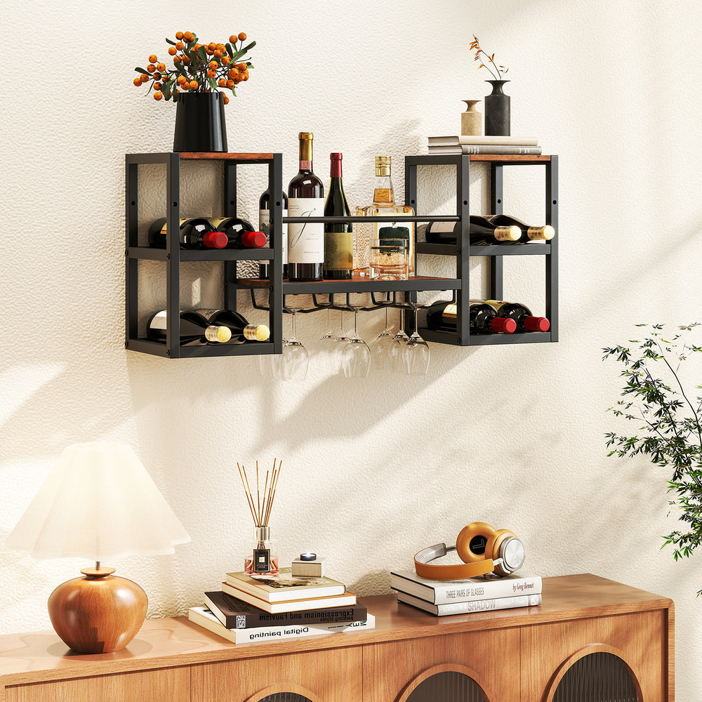 Wall-mounted wine rack in rustic brown with metal frame, holding 8 bottles and glasses, ideal for stylish storage.