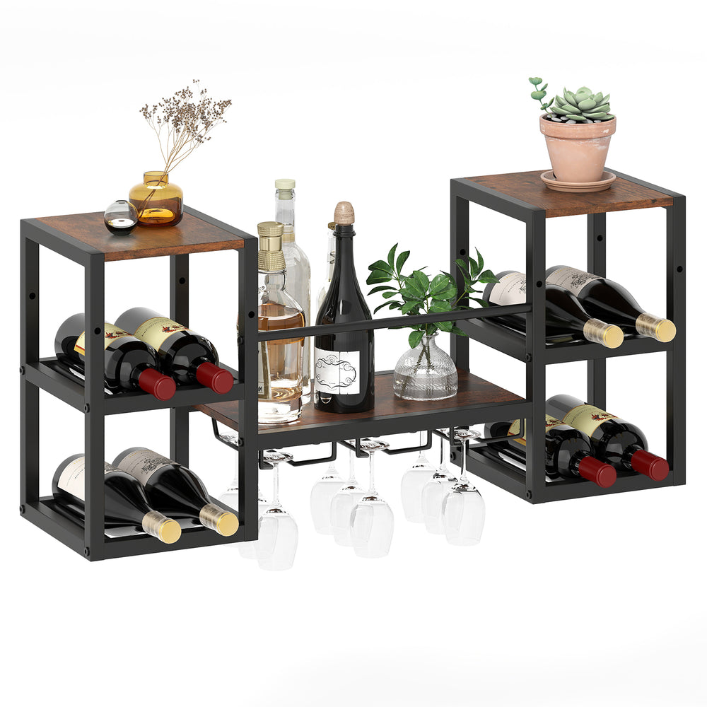 Heavy-duty wall-mounted wine rack in rustic brown with metal frame, holding 8 bottles and glasses for stylish storage.