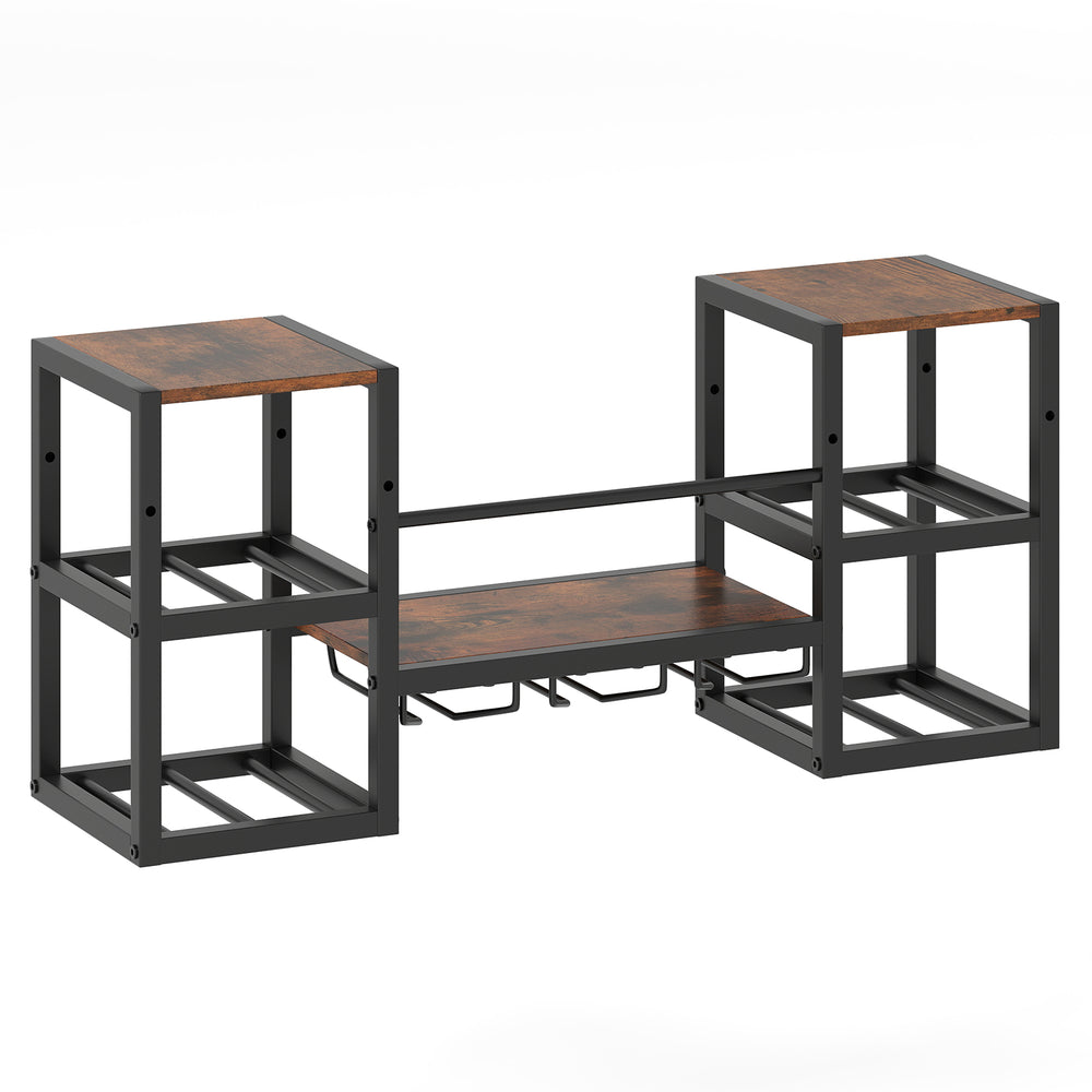 Heavy-duty wall-mounted wine rack in rustic brown with metal frame, holding 8 bottles and glasses for versatile storage.