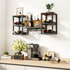 Heavy-duty wall-mounted wine rack in rustic brown, featuring 8-bottle holder and glass storage for stylish kitchen.