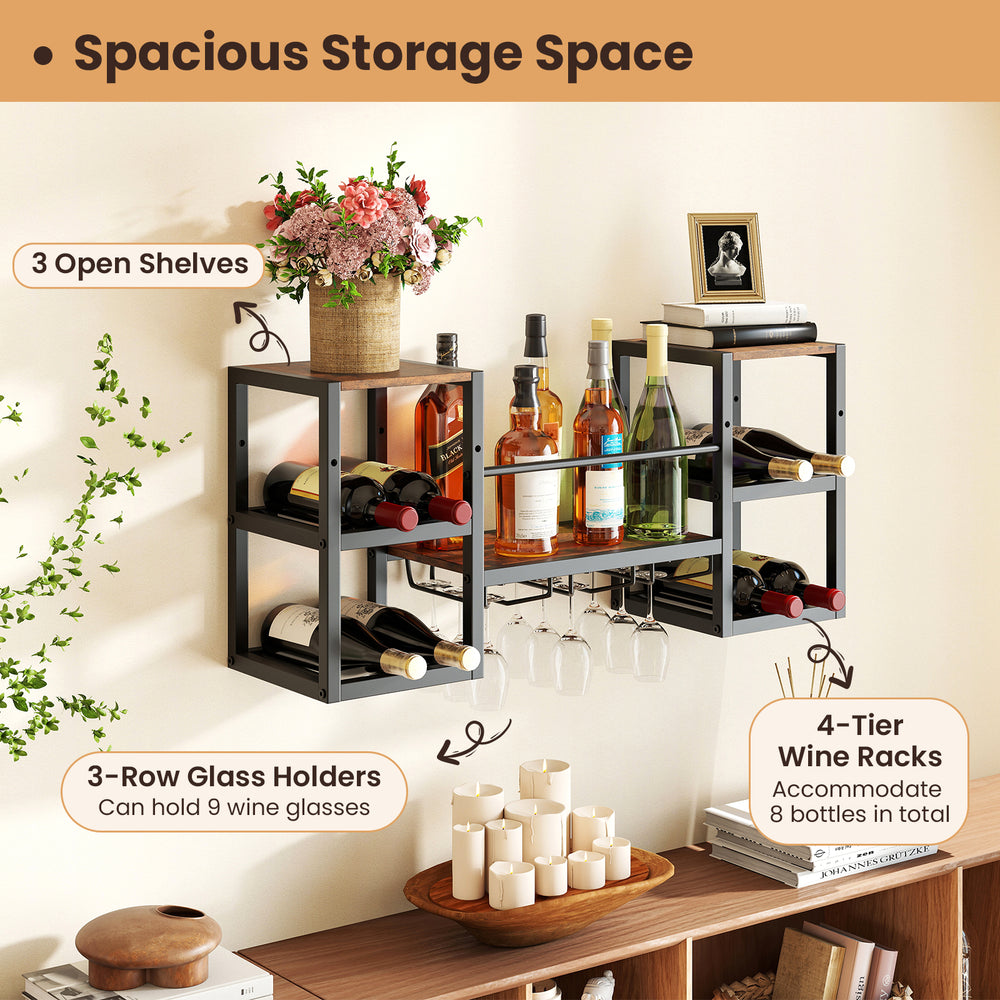Heavy-duty wall-mounted wine rack in rustic brown with 8-bottle holder, 3 glass holders, and 3 open shelves for storage.