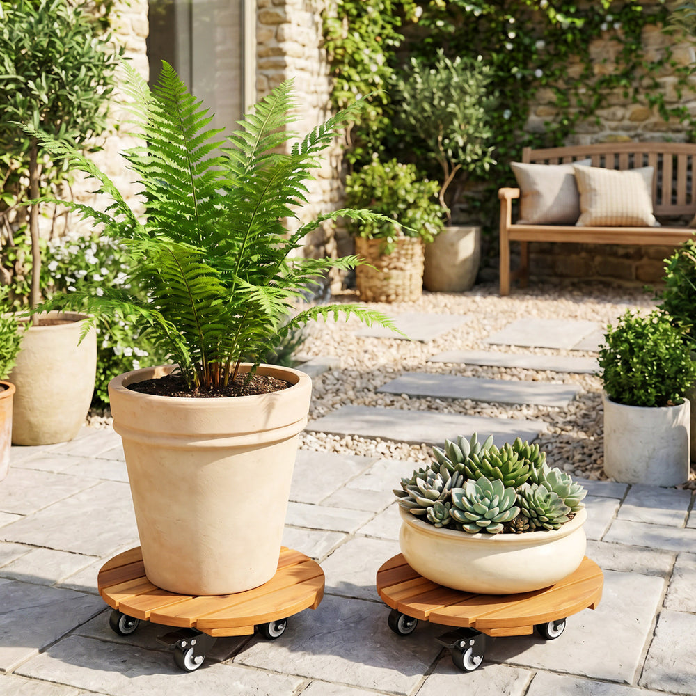 Heavy Duty Acacia Wood Rolling Plant Stand with 360° Lockable Casters-Set of 4 - Gallery View 1 of 9