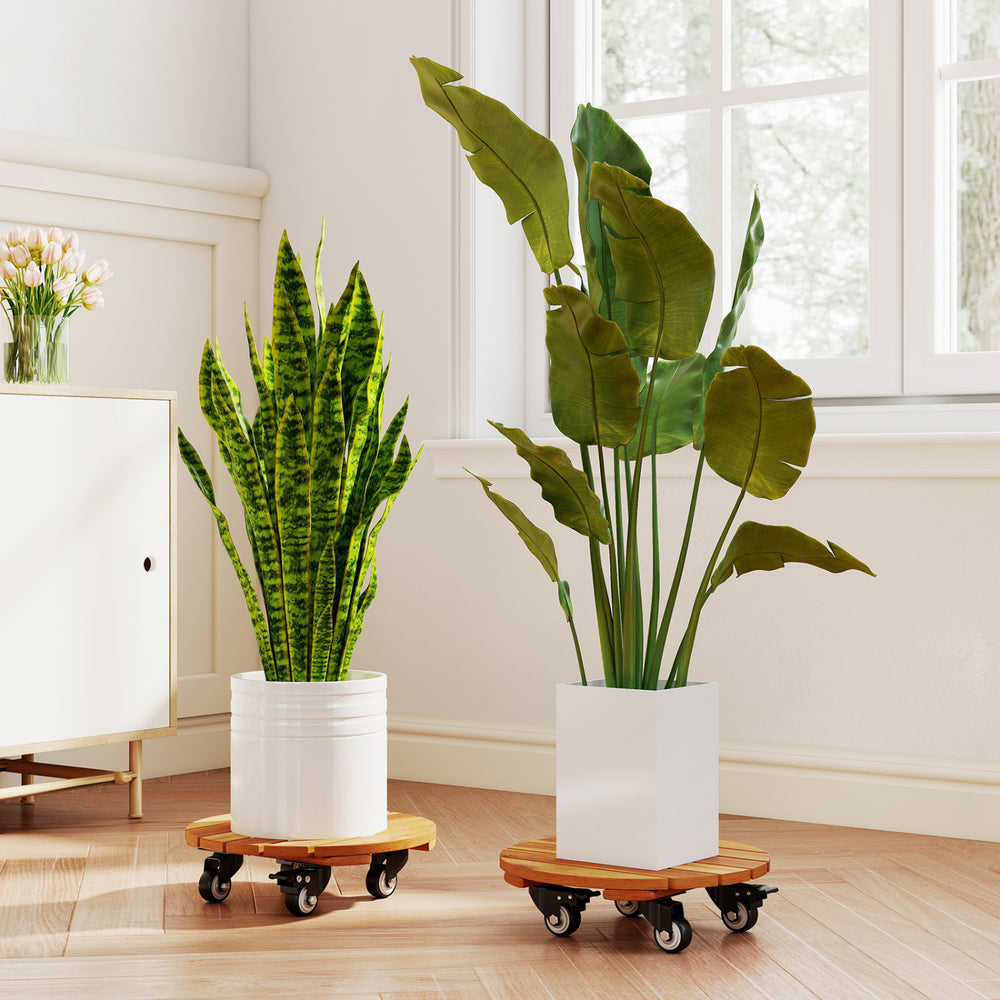Heavy duty acacia wood rolling plant stands with 360° lockable casters, ideal for moving heavy pots and decorations.