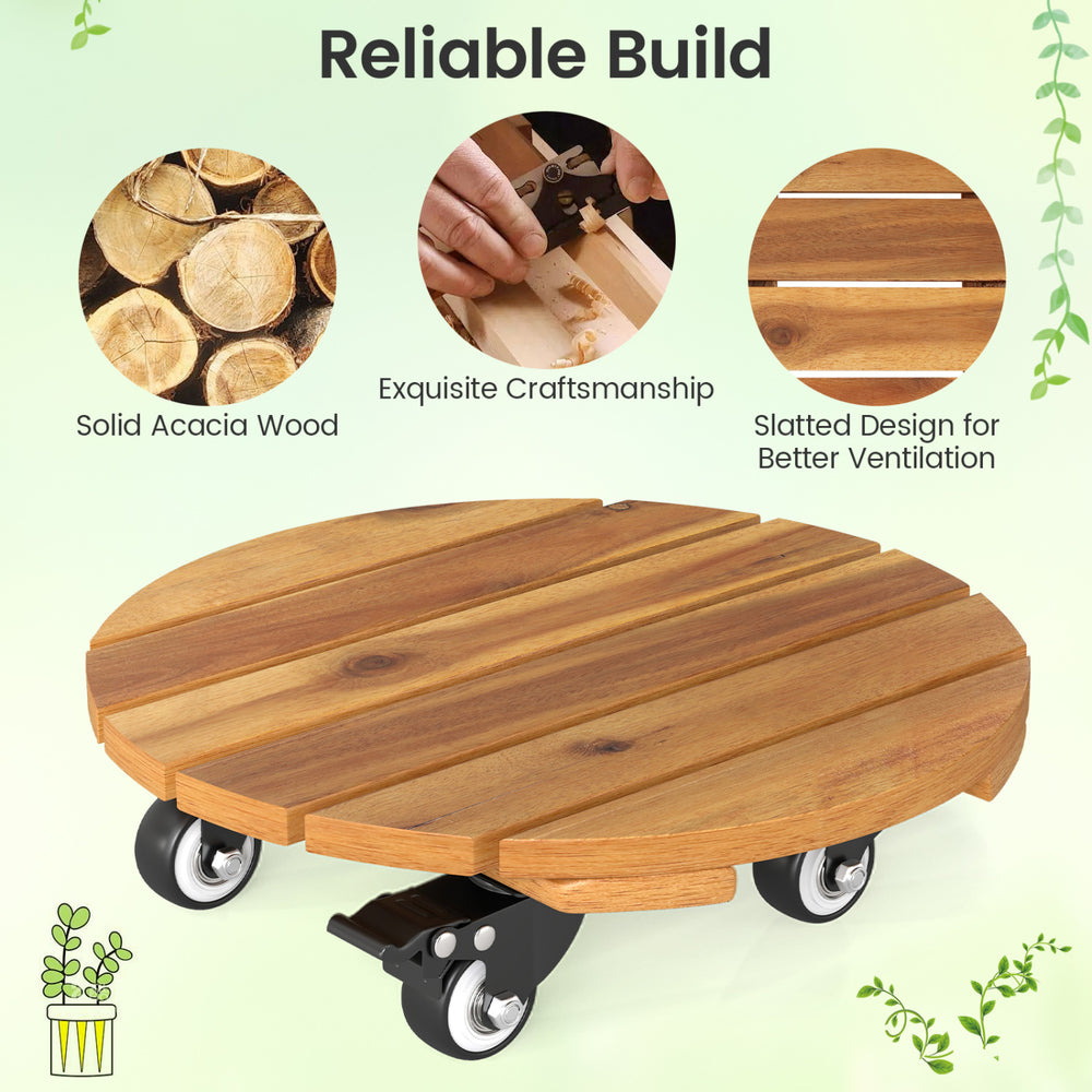 Heavy duty acacia wood rolling plant stand with slatted design and 360° lockable casters for easy mobility.