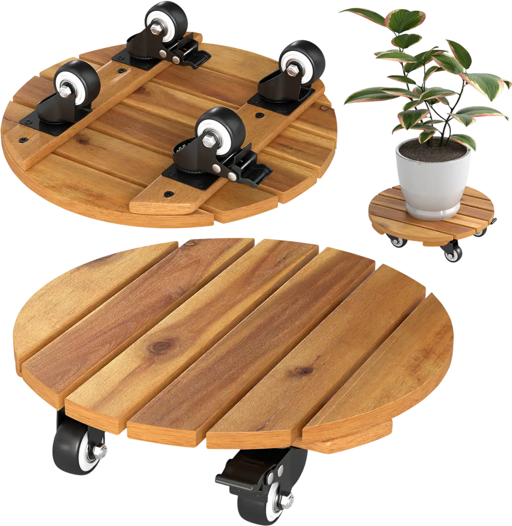 Round acacia wood rolling plant stand with 360° lockable casters, ideal for stable plant support and easy mobility.