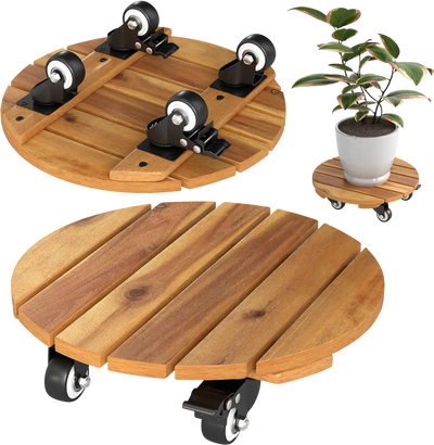 Costway Heavy Duty Acacia Wood Rolling Plant Stand w/ 360° Lockable Casters 27688639 New