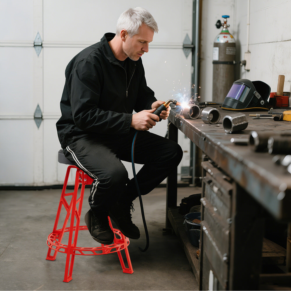 Heavy-duty aluminum garage bar chair in red with 360° swiveling seat, ideal for workshop use and stability.