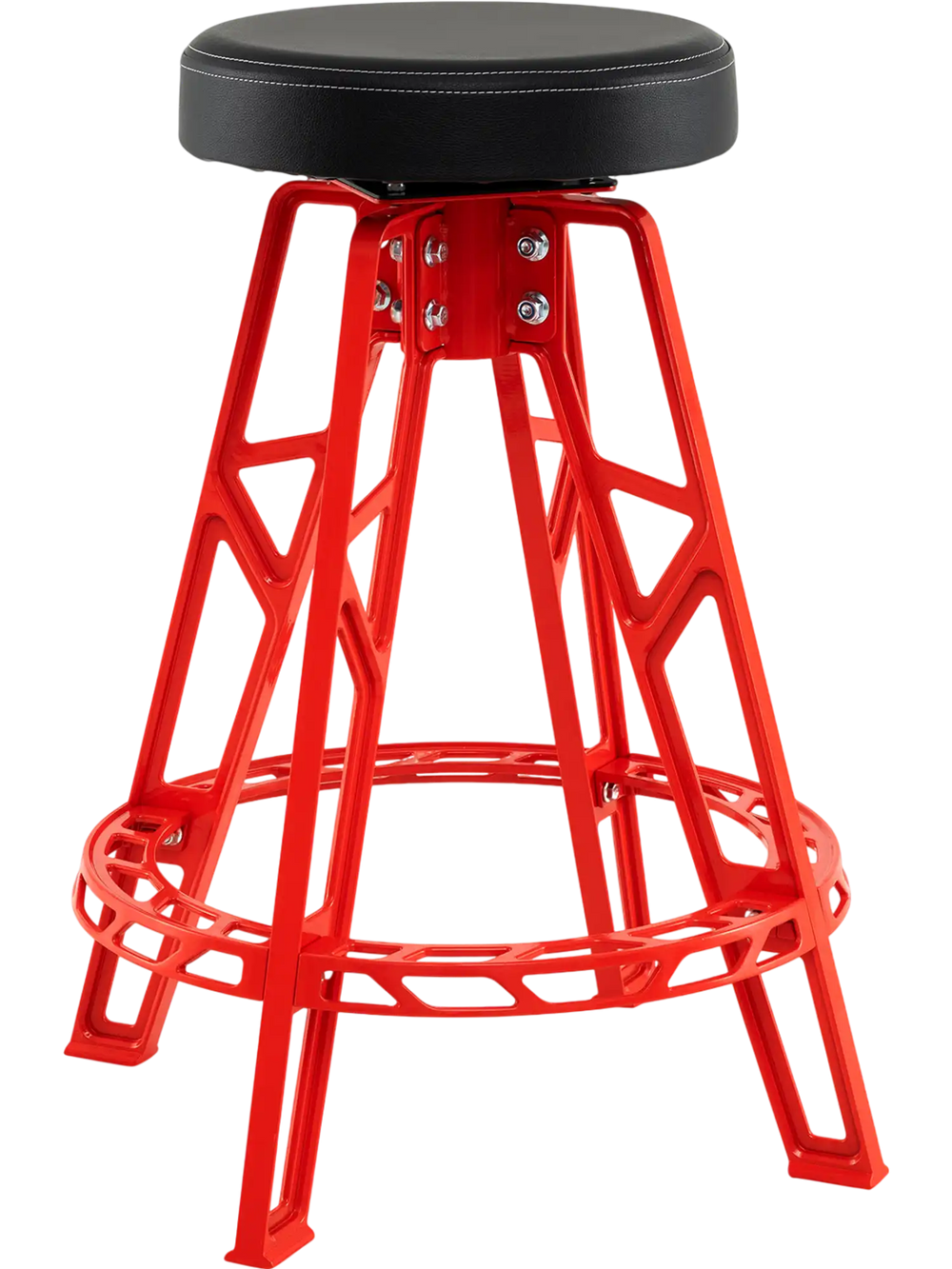 Red heavy-duty aluminum garage bar chair with a 360° swiveling padded seat, ideal for workbenches 41"-44" high.