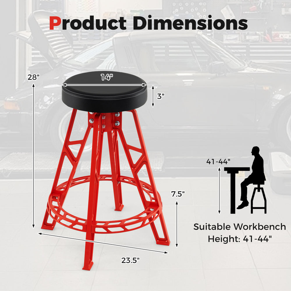 Heavy-duty aluminum garage bar chair with a 360° swiveling padded seat, red frame, suitable for 41"-44" workbenches.